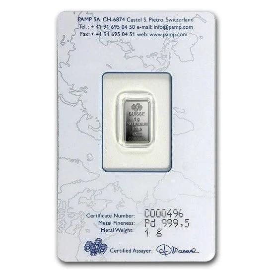 Pamp Suisse 1 gram Palladium Bar .9995 Fine Palladium - In Assay Card
