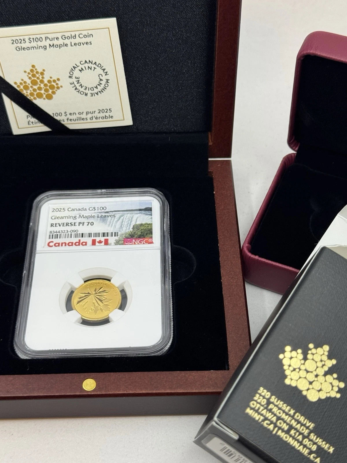 2025 Canada 1/4 Oz Gold Gleaming Maple Leaves Reverse Proof Coin NGC PF 70 Leaf