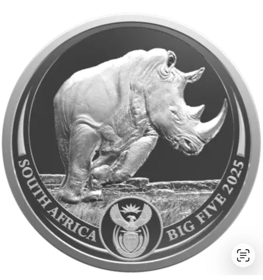 2025 5 oz South Africa Big Five Series III Rhino .999 Silver PROOF Coin OGP, COA