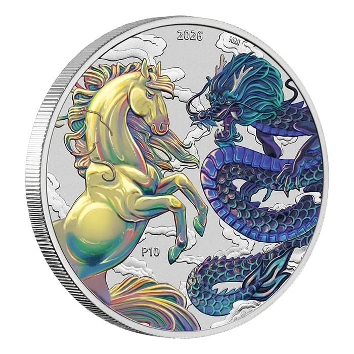 2026 Australia Perth Dragon and Horse Opalite 1 oz .9999 Silver Colorized Coin