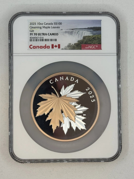 2025 Canada $100 Gleaming Maple Leaves - 10 oz Pure Silver Coin NGC PF70
