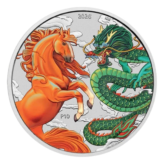 2026 Australia Dragon and Horse Fire And Earth 1oz .9999 Silver Colorized Coin