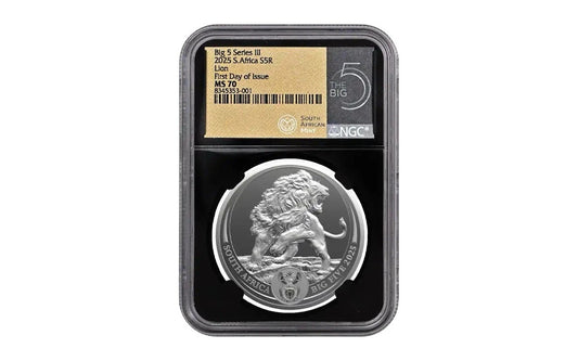 2025 South Africa 1 oz Silver Big 5 III Lion NGC MS70 First Day Of Issue