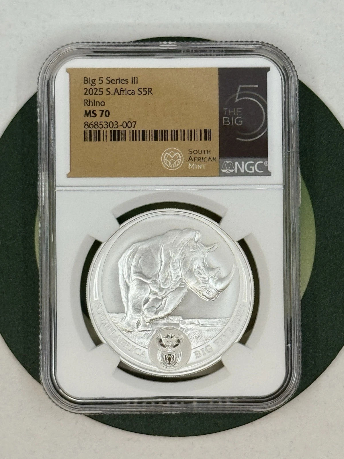 2025 South Africa 1 oz Silver Big 5 III Rhino BU NGC MS70