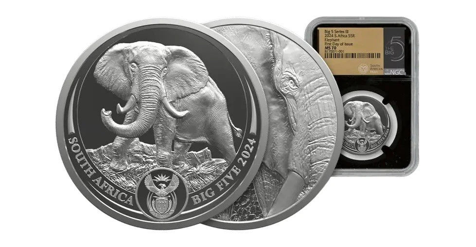2024 1 oz South African Big 5 III Elephant NGC MS70 First Day Of Issue