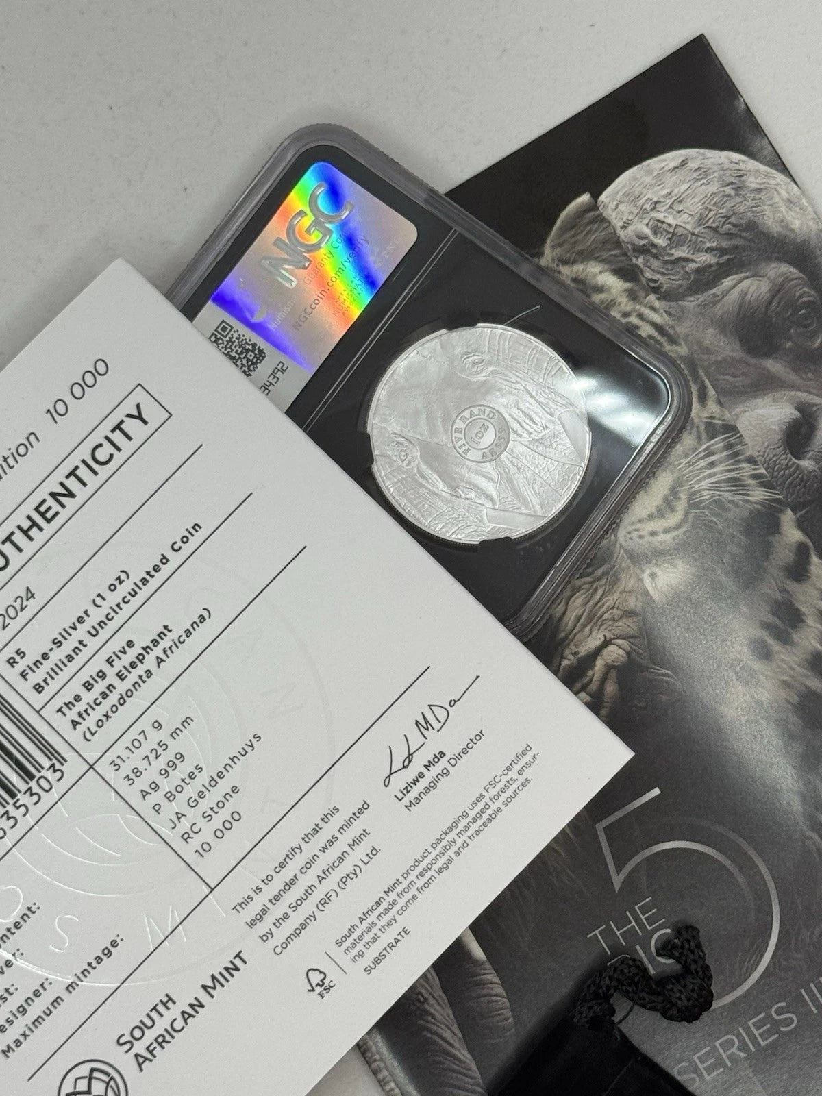 2024 1 oz South African Big 5 III Elephant NGC MS70 First Day Of Issue