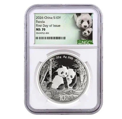 2026 China 30 Gram Silver Panda NGC MS70 First Day Of Issue W/Green Panda Label