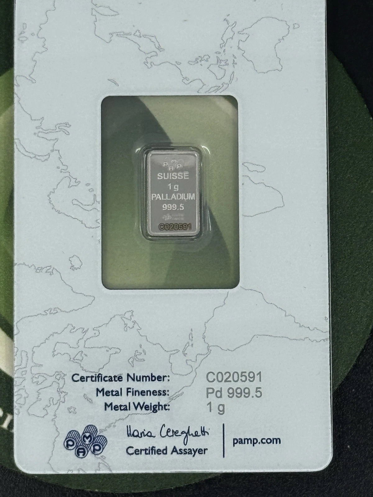 Pamp Suisse 1 gram Palladium Bar .9995 Fine Palladium - In Assay Card