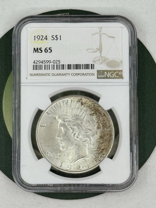 1924 S$1 Peace Silver Dollar NGC MS65 Toned