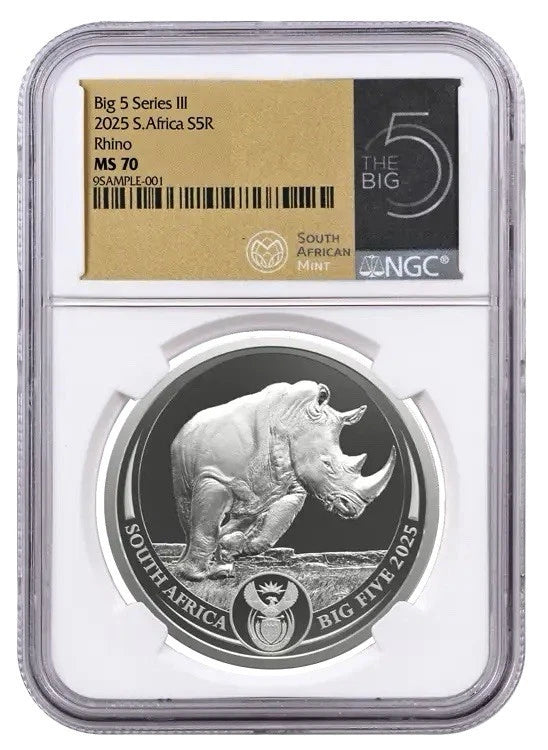 2025 South Africa 1 oz Silver Big 5 III Rhino BU NGC MS70