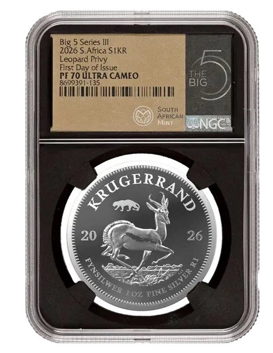 2026 South Africa 1-oz Silver Krugerrand Proof w/Big 5 Leopard Privy NGC PF70UC