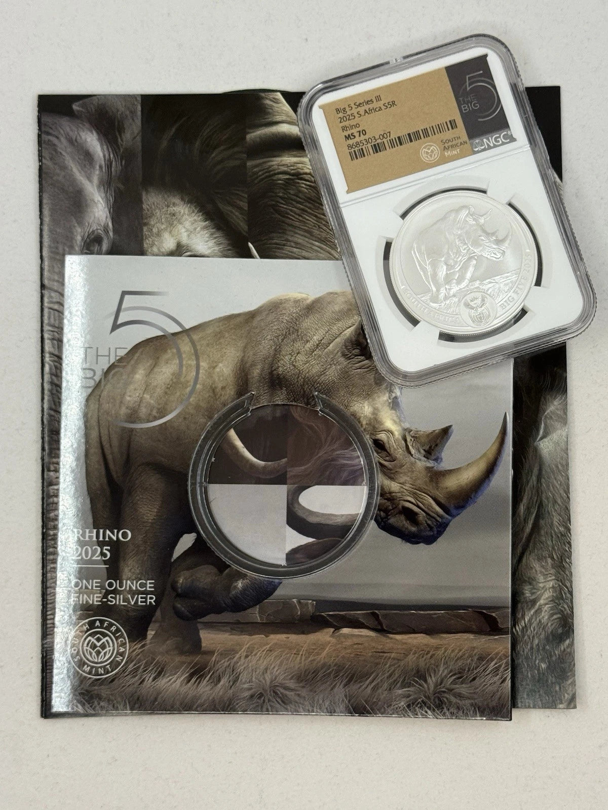 2025 South Africa 1 oz Silver Big 5 III Rhino BU NGC MS70