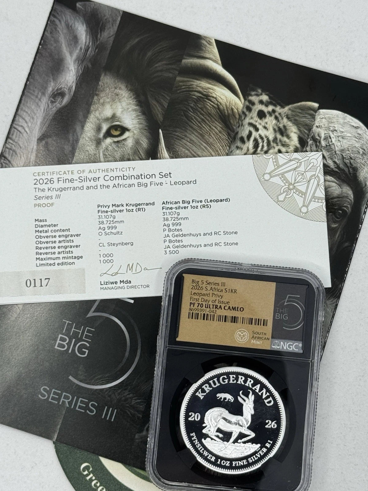 2026 South Africa 1-oz Silver Krugerrand Proof w/Big 5 Leopard Privy NGC PF70UC