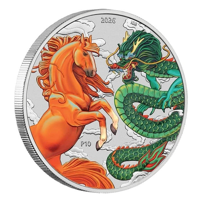 2026 Australia Dragon and Horse Fire And Earth 1oz .9999 Silver Colorized Coin