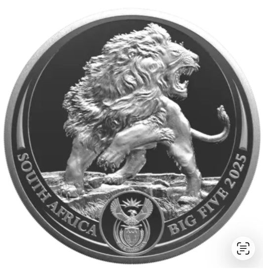 2025 5 oz South Africa Big Five Series III Lion .999 Silver PROOF Coin OGP, COA